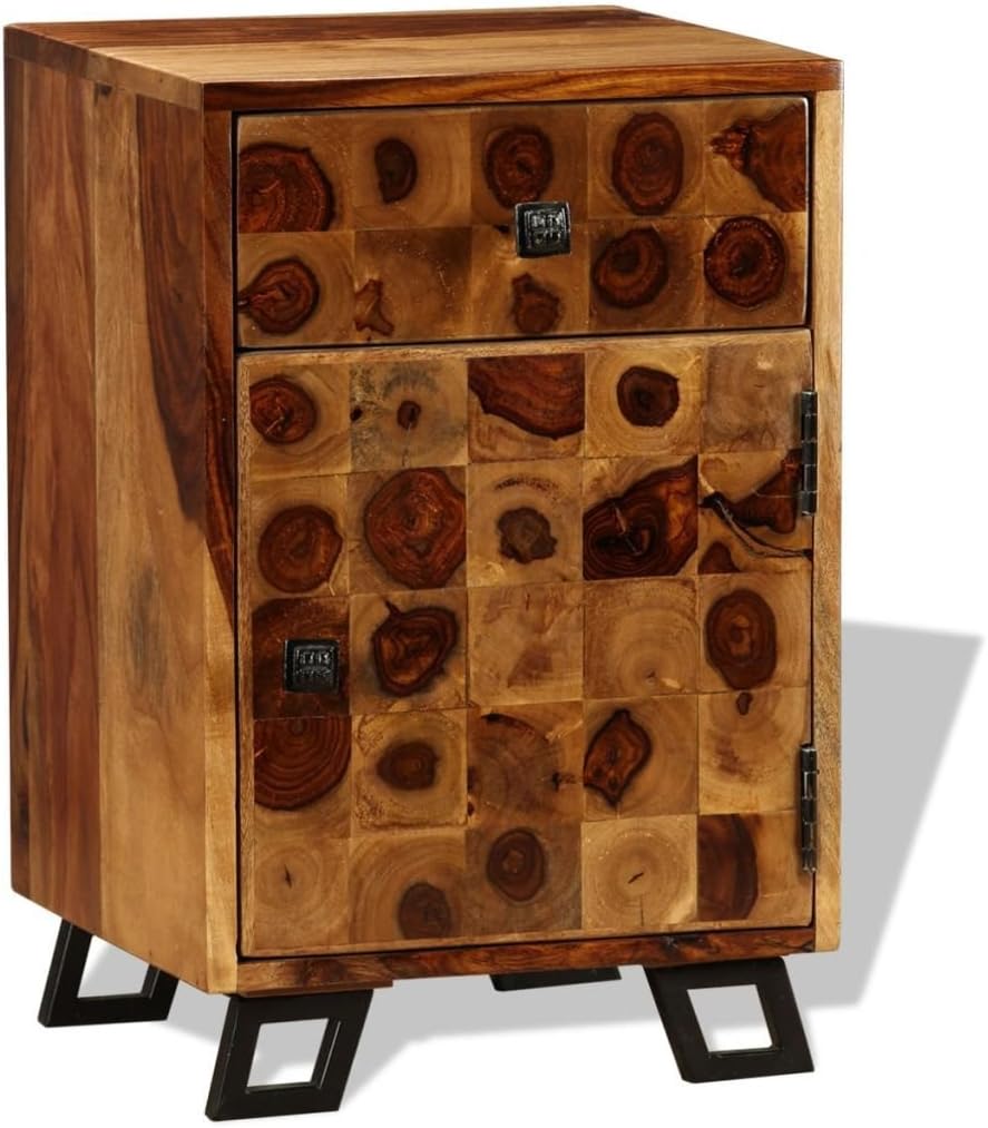 Solid Sheesham Wood Nightstand with Iron Legs and Storage Drawer M436641