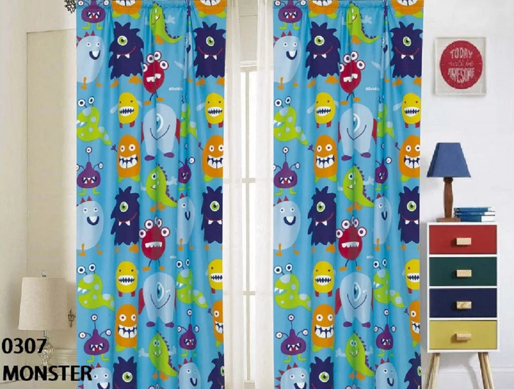 Blue Multicolor Monsters Print 4 Piece Kids Window Curtain Panels Z30627