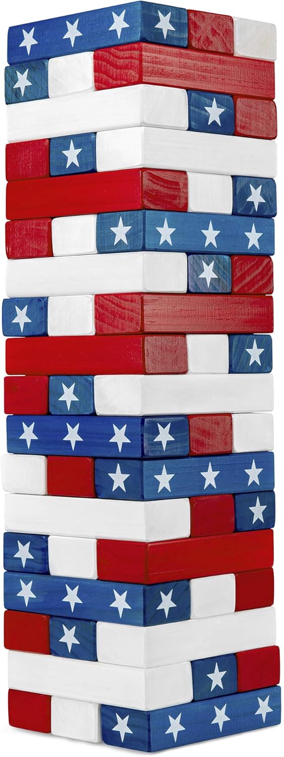 Large American Flag Tumbling Tower 54pc Wooden Toppling Blocks Stacking Yard Game with Storage Carry Bag O56348
