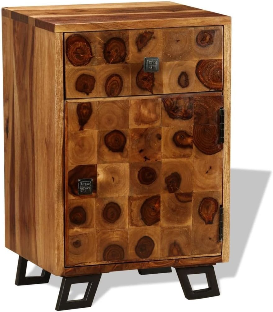 Solid Sheesham Wood Nightstand with Iron Legs and Storage Drawer M436641
