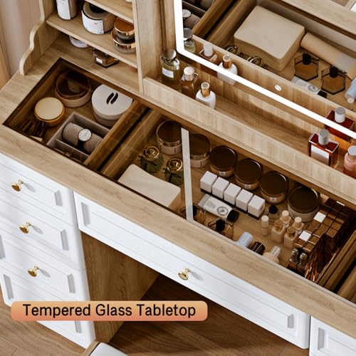 White 9 Drawer Glass Top Makeup Vanity Desk with Mirror and Lights I9552
