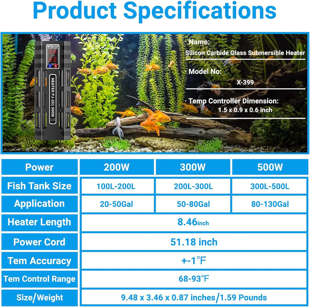 200W/300W/500W Submersible Aquarium Heater G431