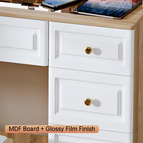 White 9 Drawer Glass Top Makeup Vanity Desk with Mirror and Lights I9552