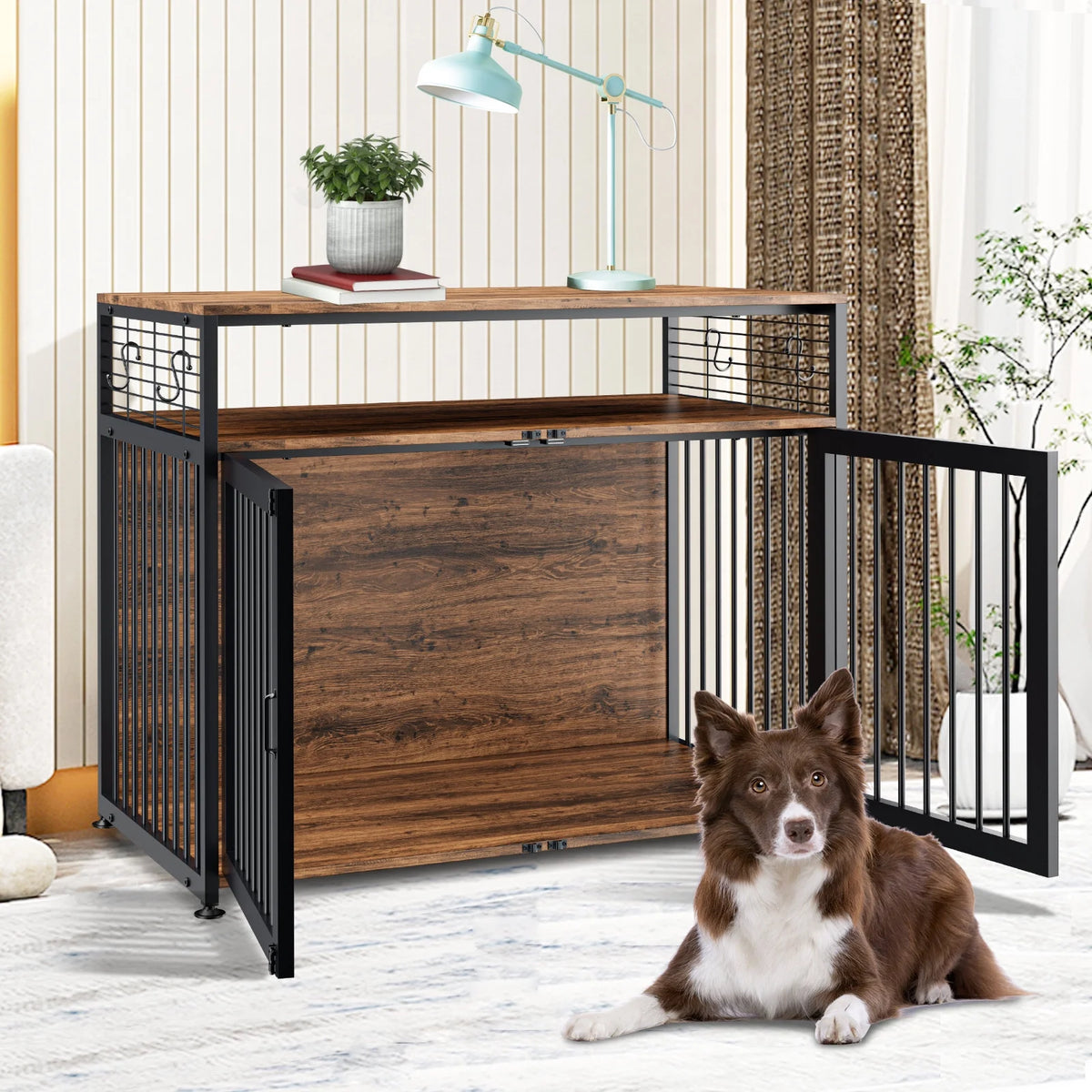 41" Wooden Dog Crate with Storage Side End Table J967246