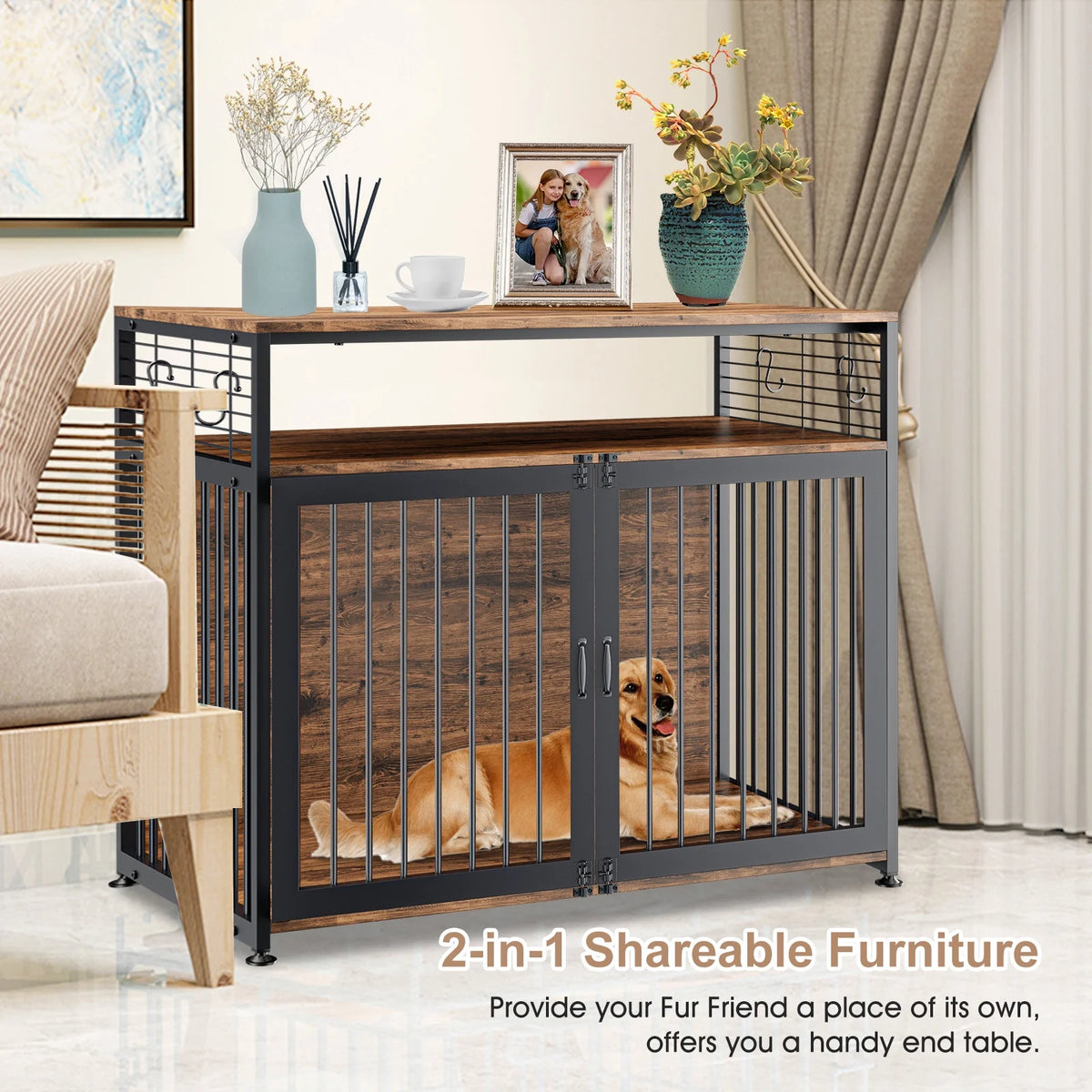 41" Wooden Dog Crate with Storage Side End Table J967246