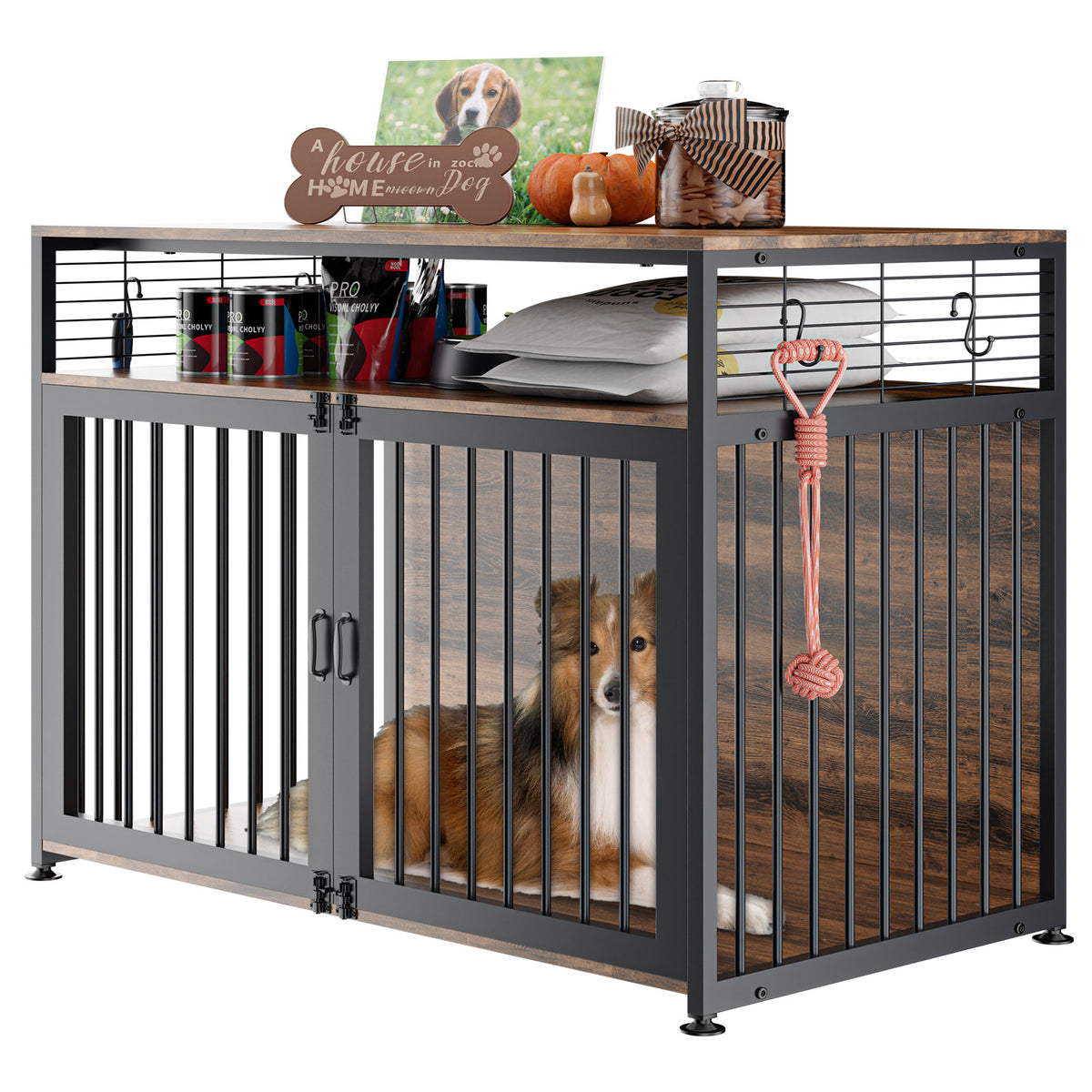 41" Wooden Dog Crate with Storage Side End Table J967246