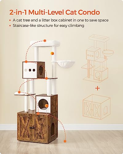 70.8-Inch Tall Cat Tree with Litter Box Enclosure, Scratching Posts, Perch, Caves, Basket, Washable Cushions Z8775