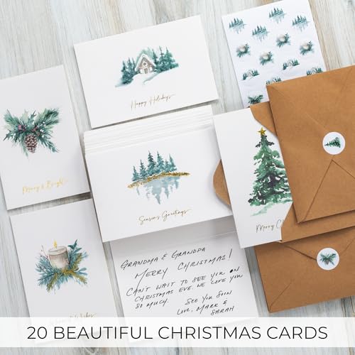 Christmas Cards Set of 20 with Watercolor Designs, Envelopes, Stickers, Storage Box D127644