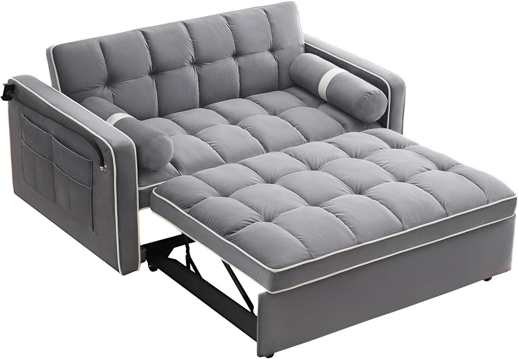 3 in 1 Sleeper Sofa Pull Out Bed, Velvet Convertible SofaBed, 55" Loveseat with Adjustable Backrest, Gray L426