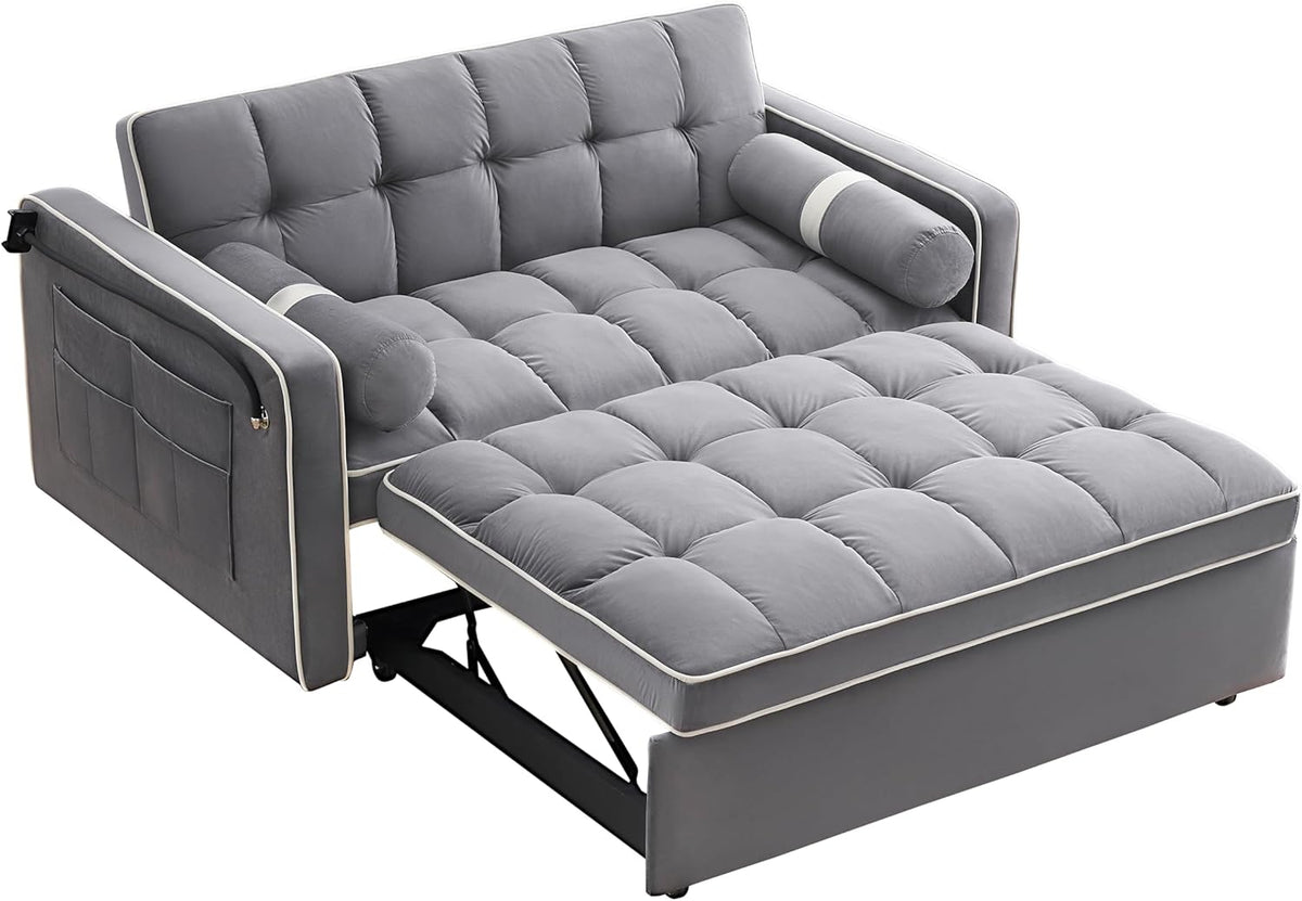 3 in 1 Sleeper Sofa Pull Out Bed, Velvet Convertible SofaBed, 55" Loveseat with Adjustable Backrest, Gray L426