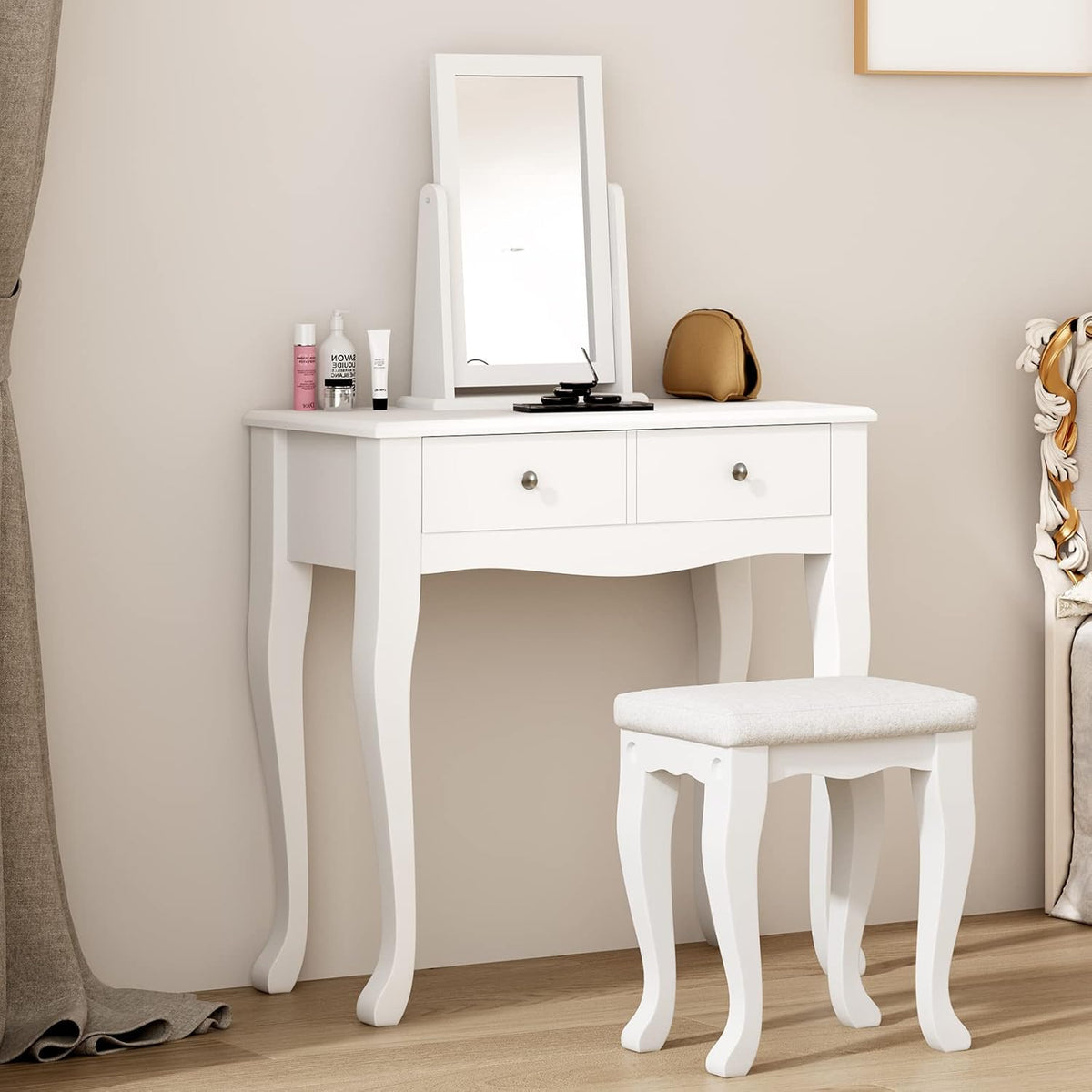 White Wooden Vanity Dressing Table with Mirror and Stool, 2 Drawers K6455