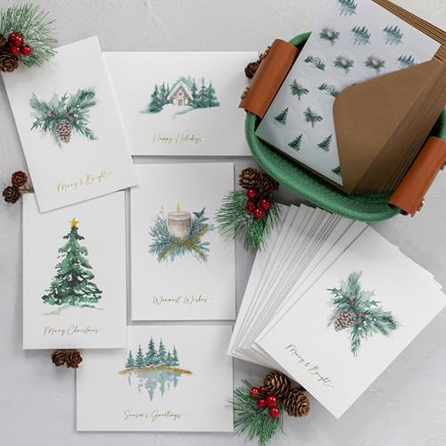 Christmas Cards Set of 20 with Watercolor Designs, Envelopes, Stickers, Storage Box D127644