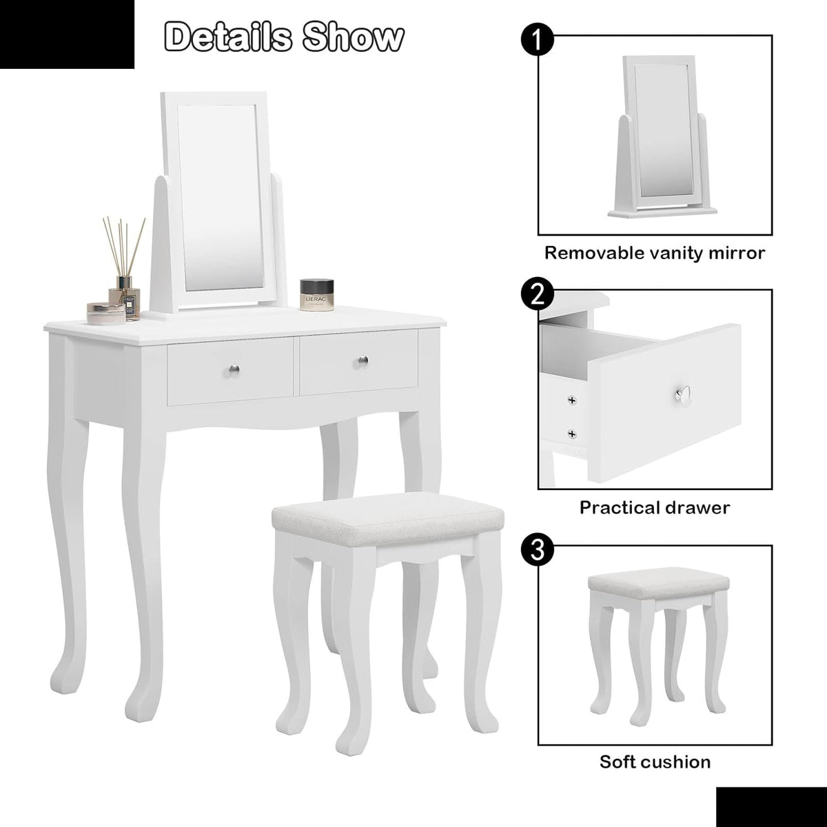 White Wooden Vanity Dressing Table with Mirror and Stool, 2 Drawers K6455