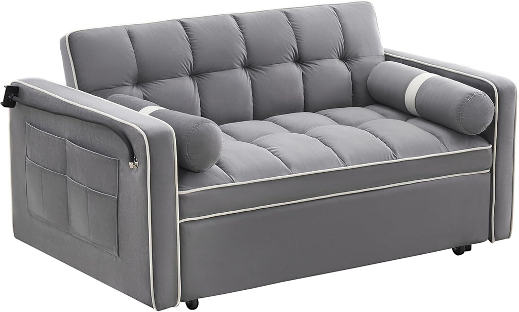 3 in 1 Sleeper Sofa Pull Out Bed, Velvet Convertible SofaBed, 55" Loveseat with Adjustable Backrest, Gray L426