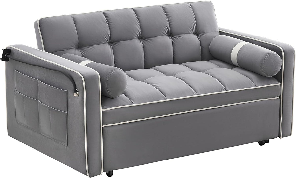 3 in 1 Sleeper Sofa Pull Out Bed, Velvet Convertible SofaBed, 55" Loveseat with Adjustable Backrest, Gray L426