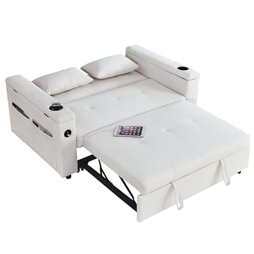 White 54" Chenille 2-Seater Convertible Sofa Bed with USB Power Outlet F529707