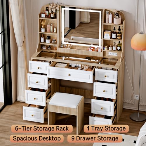 White 9 Drawer Glass Top Makeup Vanity Desk with Mirror and Lights I9552