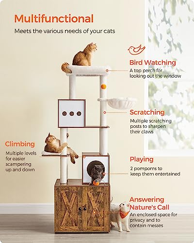 70.8-Inch Tall Cat Tree with Litter Box Enclosure, Scratching Posts, Perch, Caves, Basket, Washable Cushions Z8775