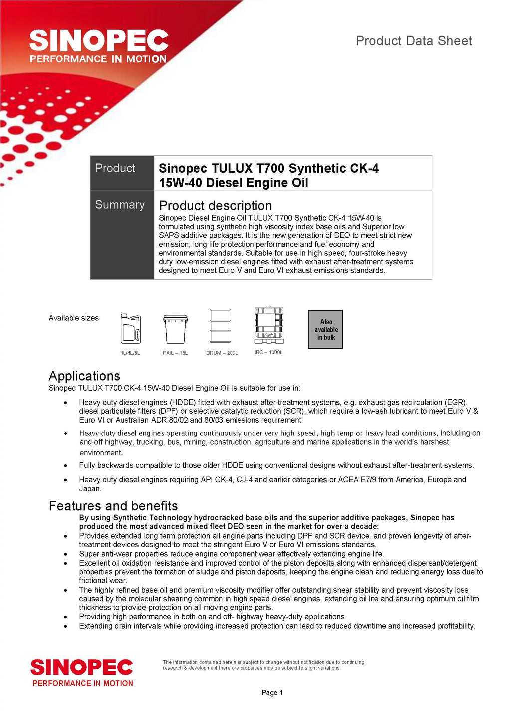15W40 Synthetic Diesel Engine Oil - 5 Gallon Pail T27689