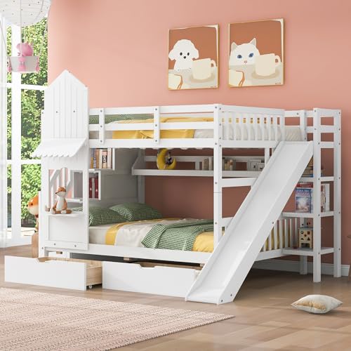 Gray Wood Twin Over Twin Bunk Bed with Stairs and Slide J6061