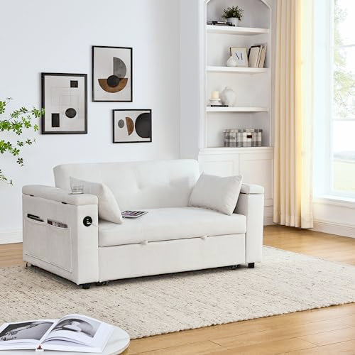 White 54" Chenille 2-Seater Convertible Sofa Bed with USB Power Outlet F529707
