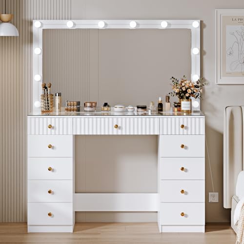 White 9 Drawer Glass Top Makeup Vanity Desk with Mirror and Lights I9552