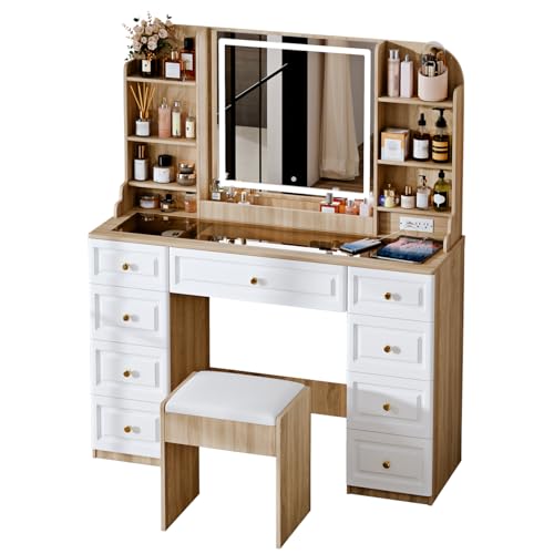 White 9 Drawer Glass Top Makeup Vanity Desk with Mirror and Lights I9552