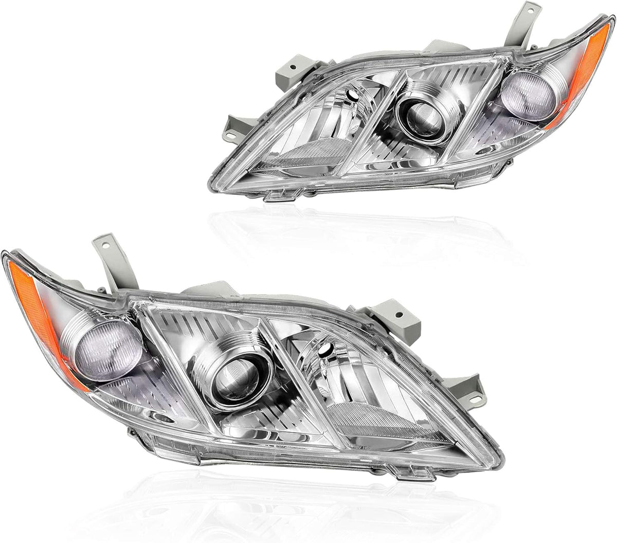 Headlights Assembly with Chrome Housing Amber Reflector Clear Lens J7697