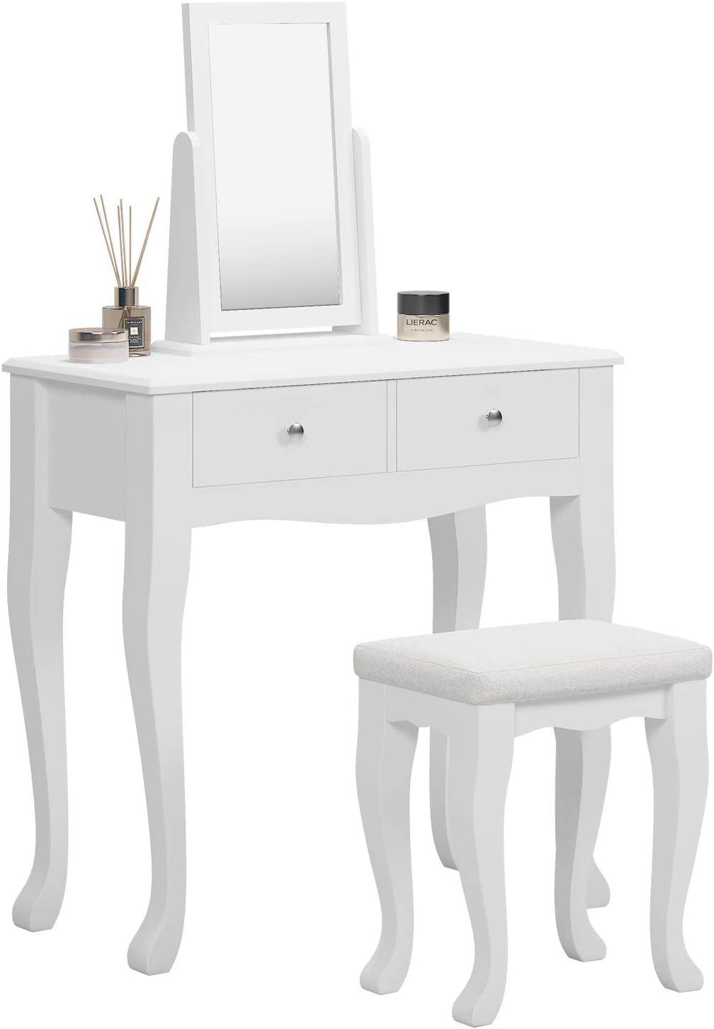 White Wooden Vanity Dressing Table with Mirror and Stool, 2 Drawers K6455