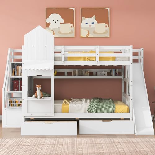 Gray Wood Twin Over Twin Bunk Bed with Stairs and Slide J6061