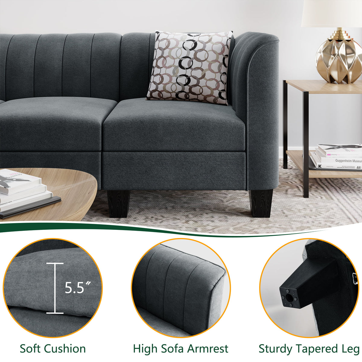Dark Grey L Shaped Linen Fabric Sectional Sofa D9539