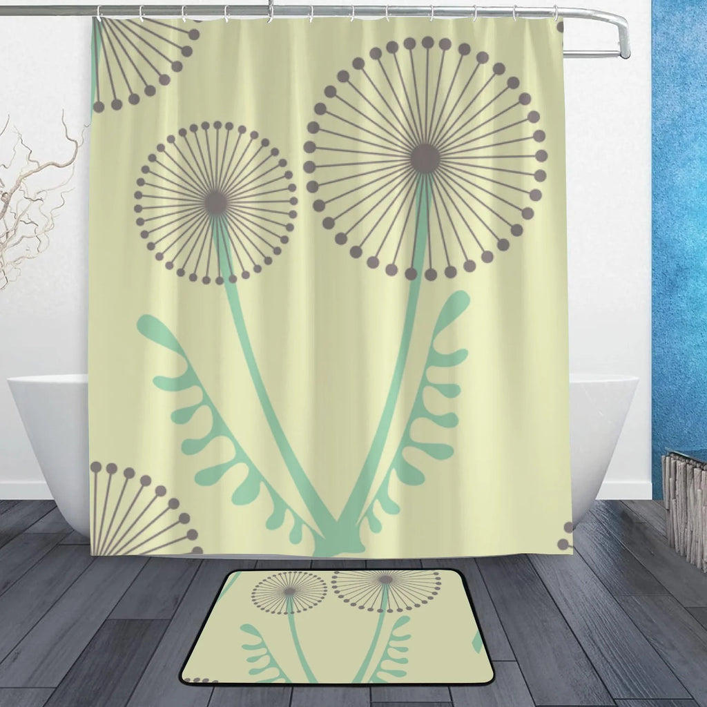 Bath Curtain Rugs Set 2 Pcs with 12 Hooks 60X72in Flowers Z790548