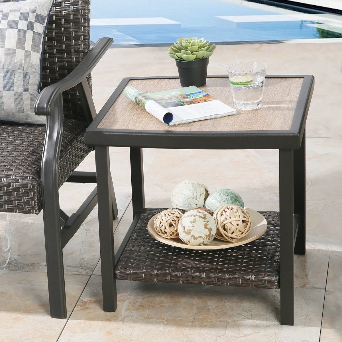 Square Metal Side Table with Wooden-like Top G6552