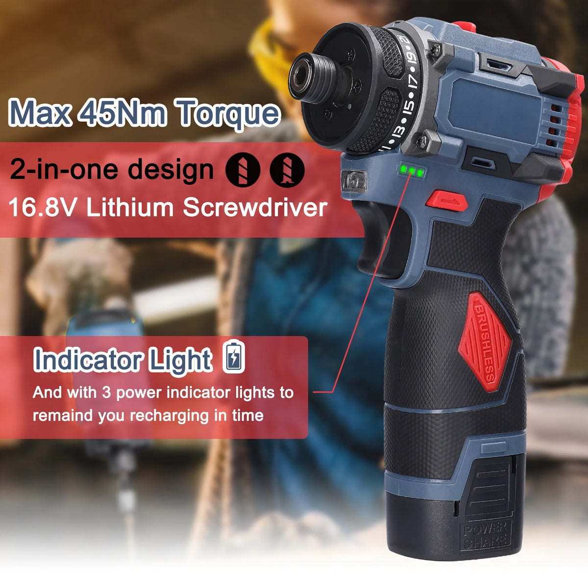 16.8V Brushless Motor Electric Screwdriver 45Nm Torque K39396