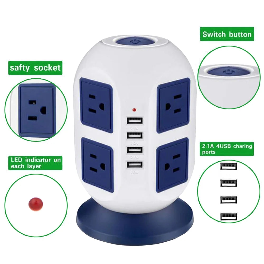 Multi Plug Charging Tower Surge Protector 8 AC Outlets 4 USB Port Power Strip Tower Extension Cord 3 Meters W9132