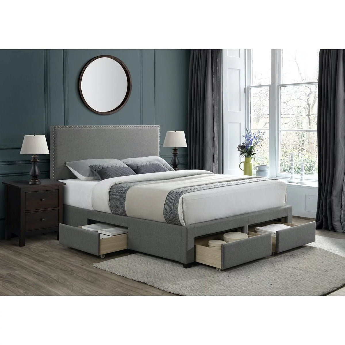Grey Upholstered Platform Storage Bed Queen Y6784