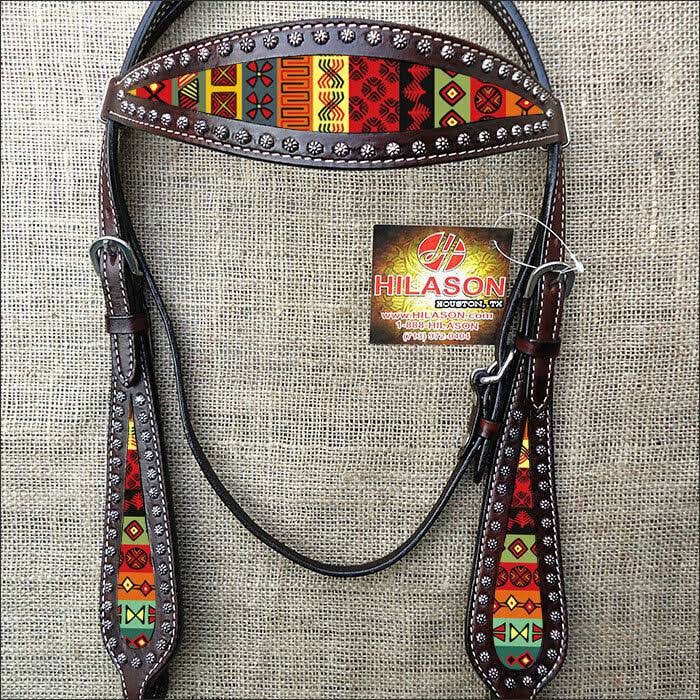 Brown Aztec Inlay Leather Horse Bridle Headstall U372