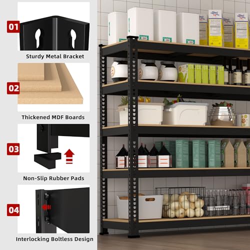 5 Tier Adjustable Heavy Duty Metal Shelving Unit, Black, 2 PCS Y164