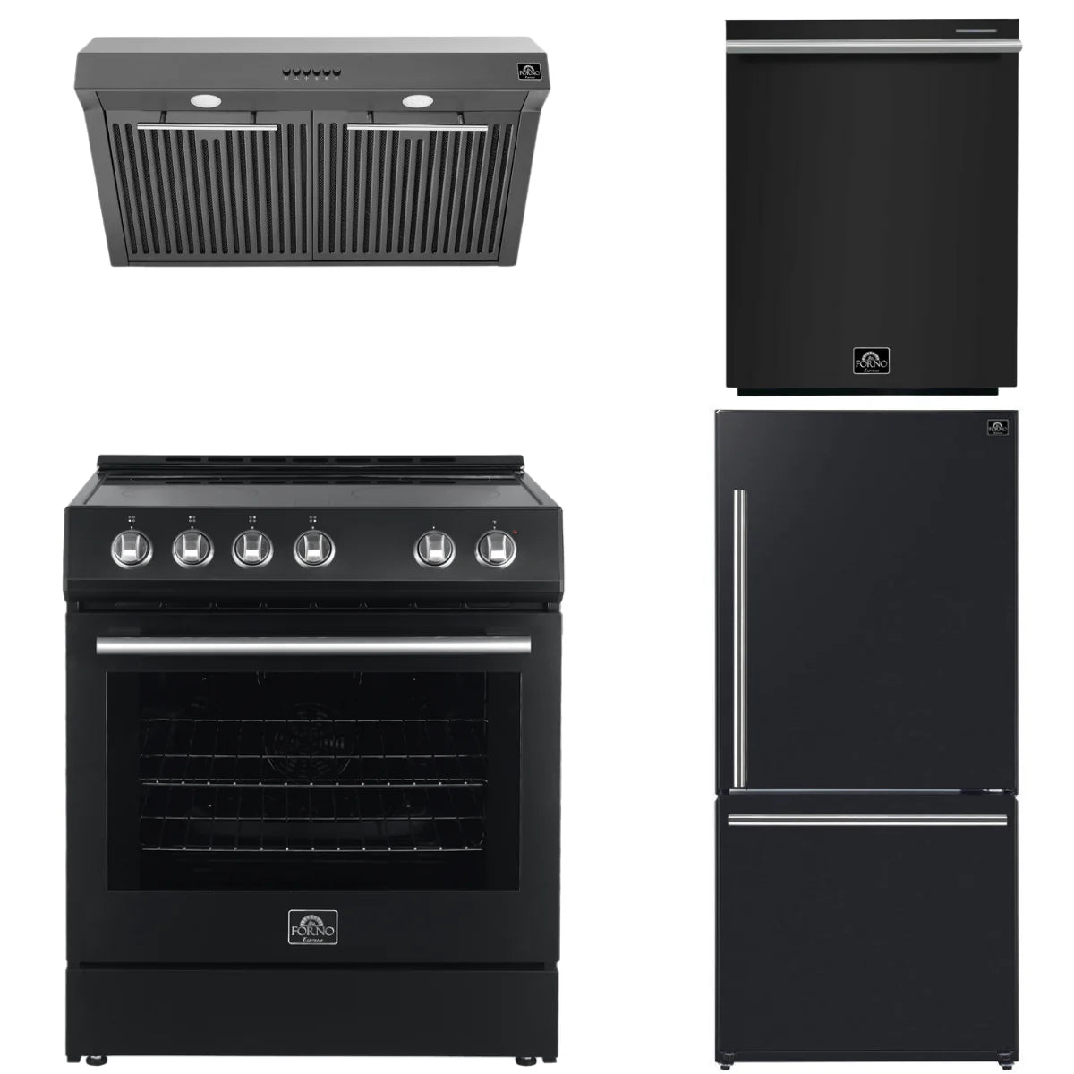 30 Electric Range, Range Hood, Refrigerator and Dishwasher in Black A79300