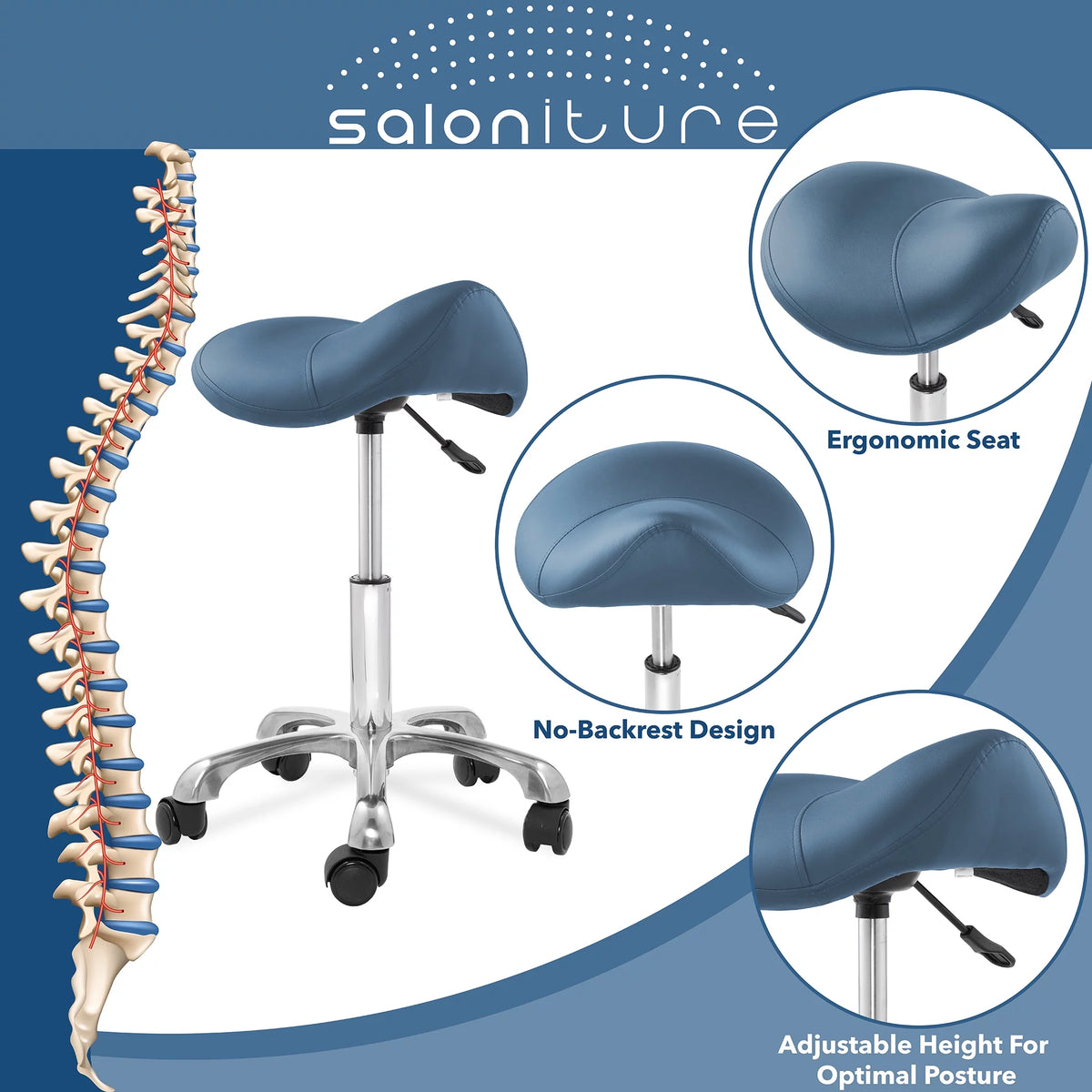 Blue Adjustable Hydraulic Saddle Stool with Swivel Wheels T1104