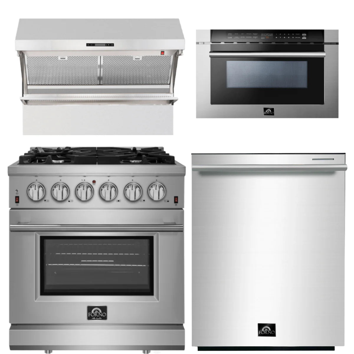 30 Inch Gas Range, Wall Mount Range Hood, Microwave Drawer, Dishwasher M736999