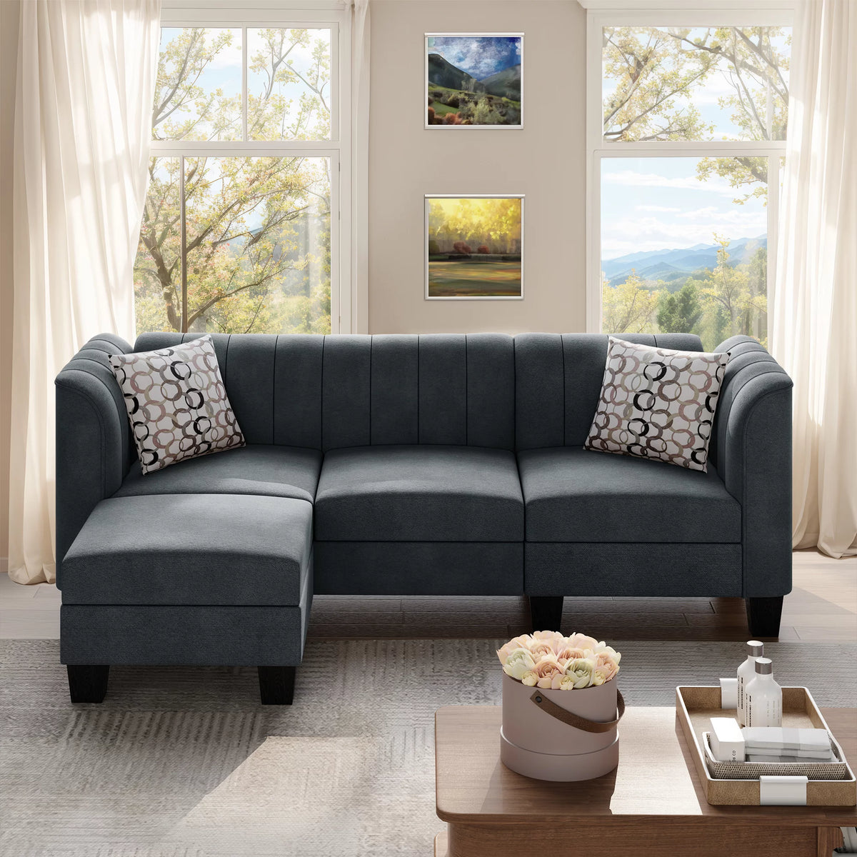 Dark Grey L Shaped Linen Fabric Sectional Sofa D9539