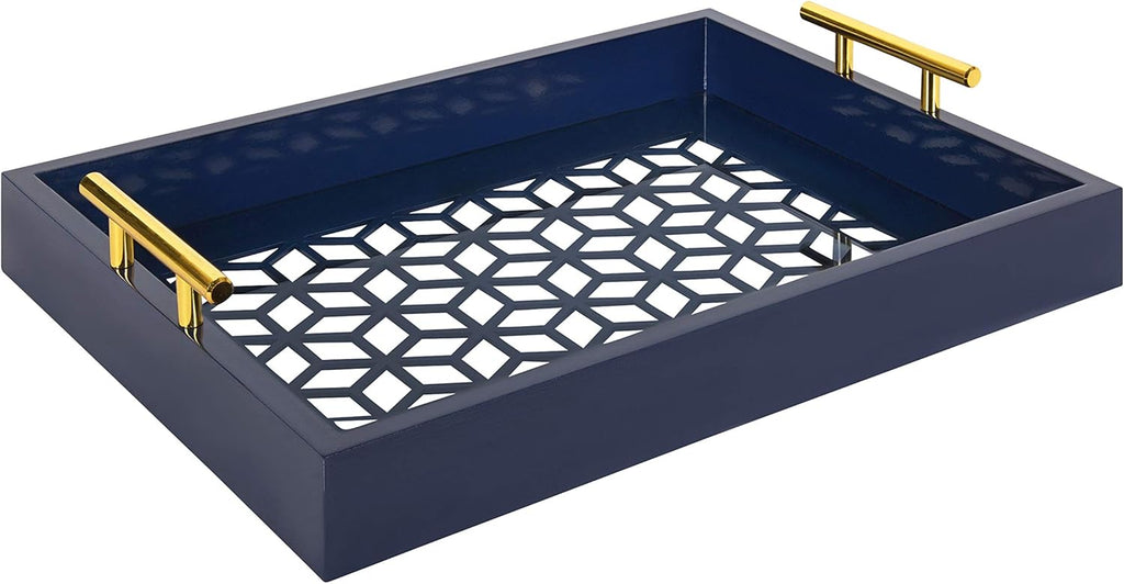 Navy Blue and Gold Rectangle Decorative Tray with Metal Handles D972