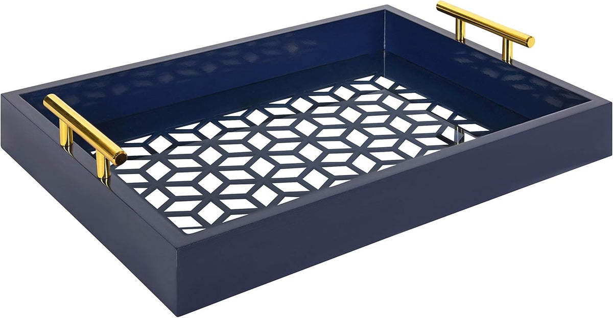 Navy Blue and Gold Rectangle Decorative Tray with Metal Handles D972