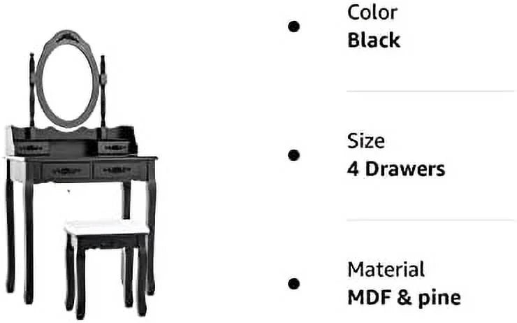 White 4 Drawer Vanity Table Set with Oval Mirror & Stool H346
