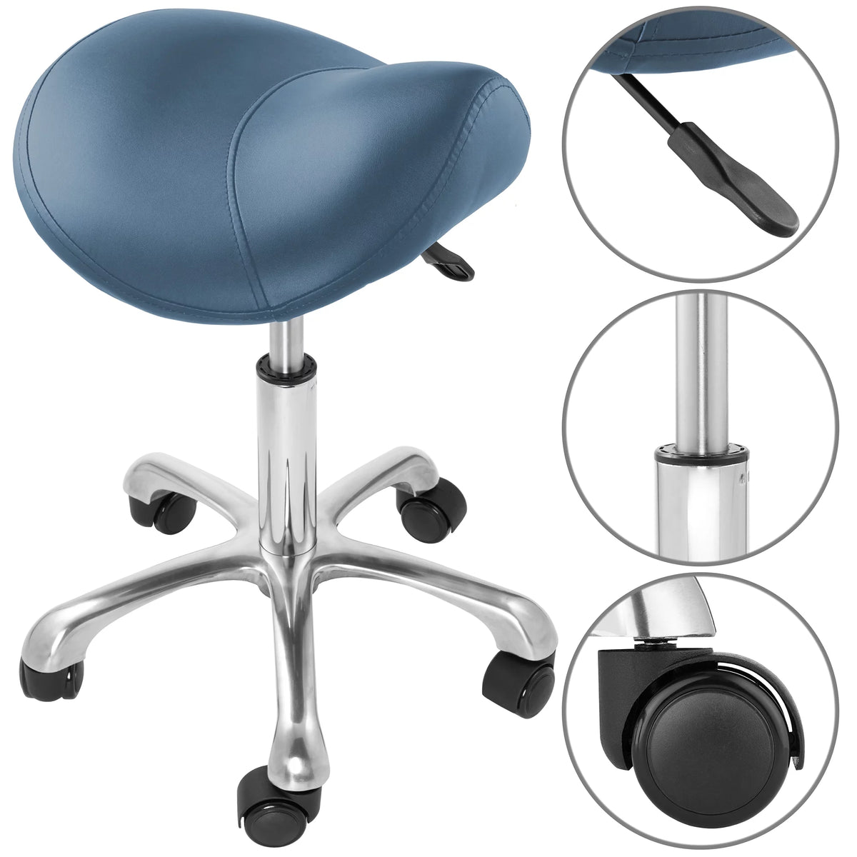 Blue Adjustable Hydraulic Saddle Stool with Swivel Wheels T1104