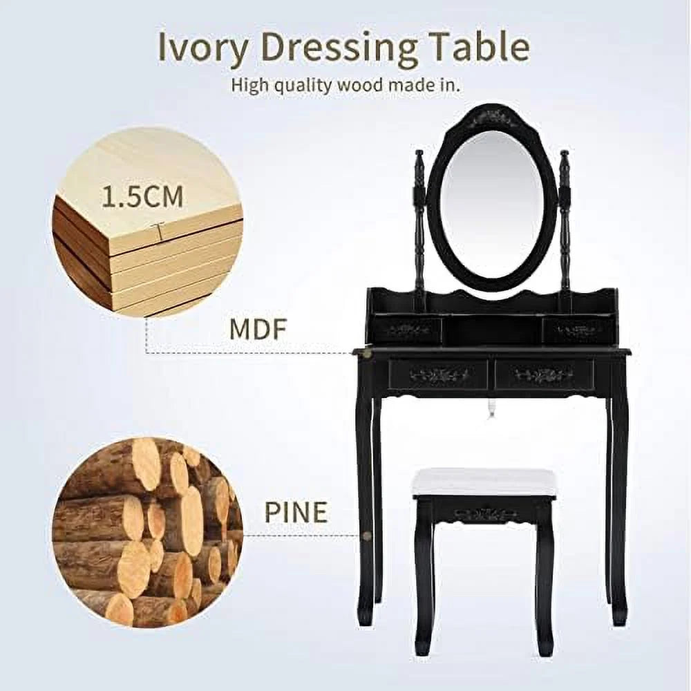 White 4 Drawer Vanity Table Set with Oval Mirror & Stool H346