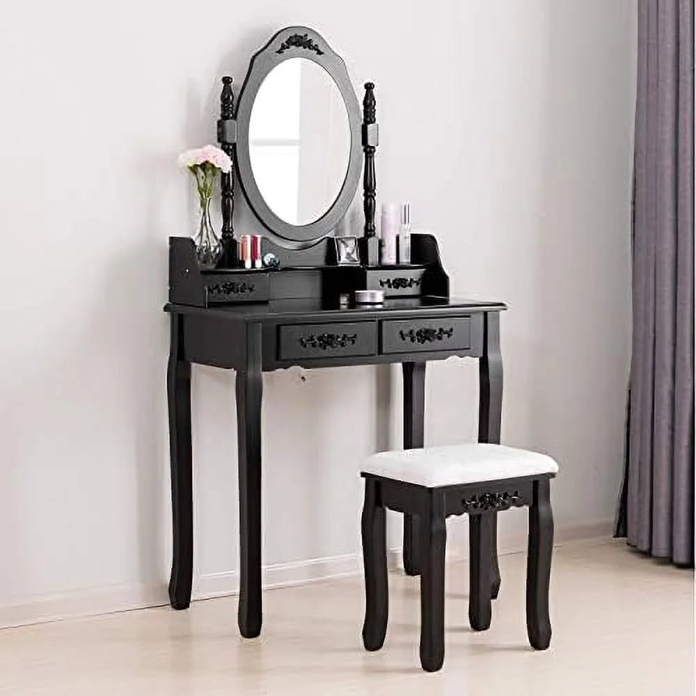 White 4 Drawer Vanity Table Set with Oval Mirror & Stool H346