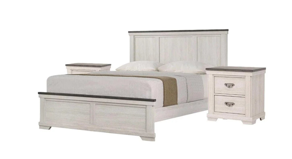 Antique White Brown 3pc Queen Size Bed and Nightstand Set X6274