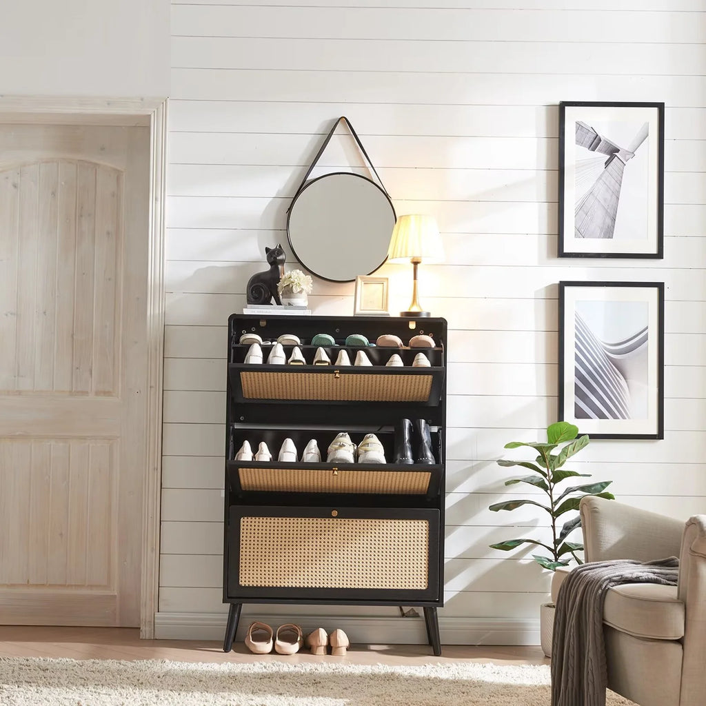 Black 3 Flip Drawer Rattan Shoe Storage Cabinet X52378